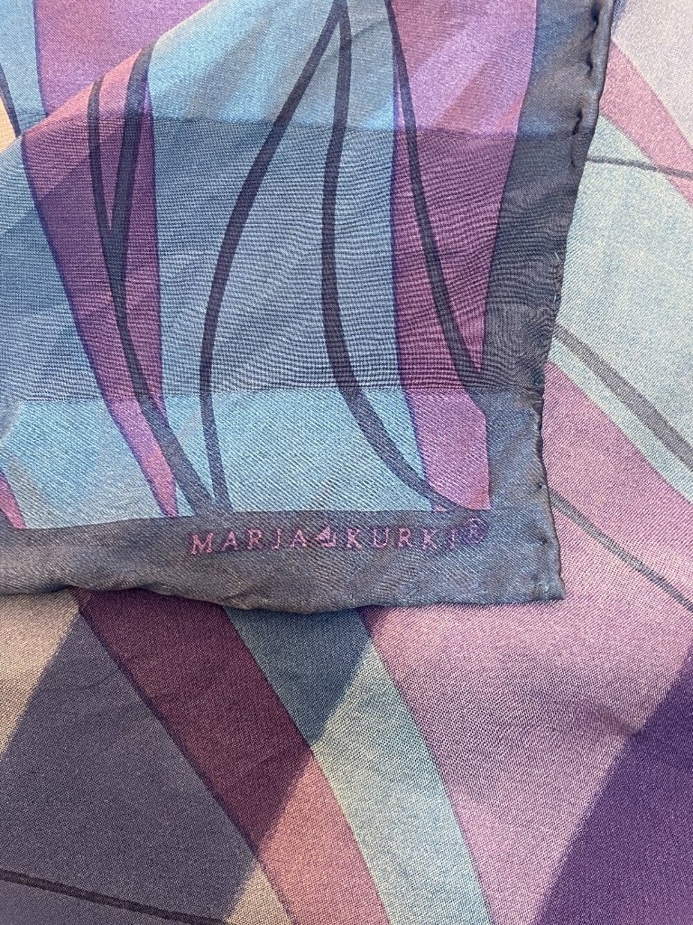 Marja Kurki Abstract Floral Silk Feel Scarf Purple Blue Hand Rolled 33 x 34 - Picture 7 of 8